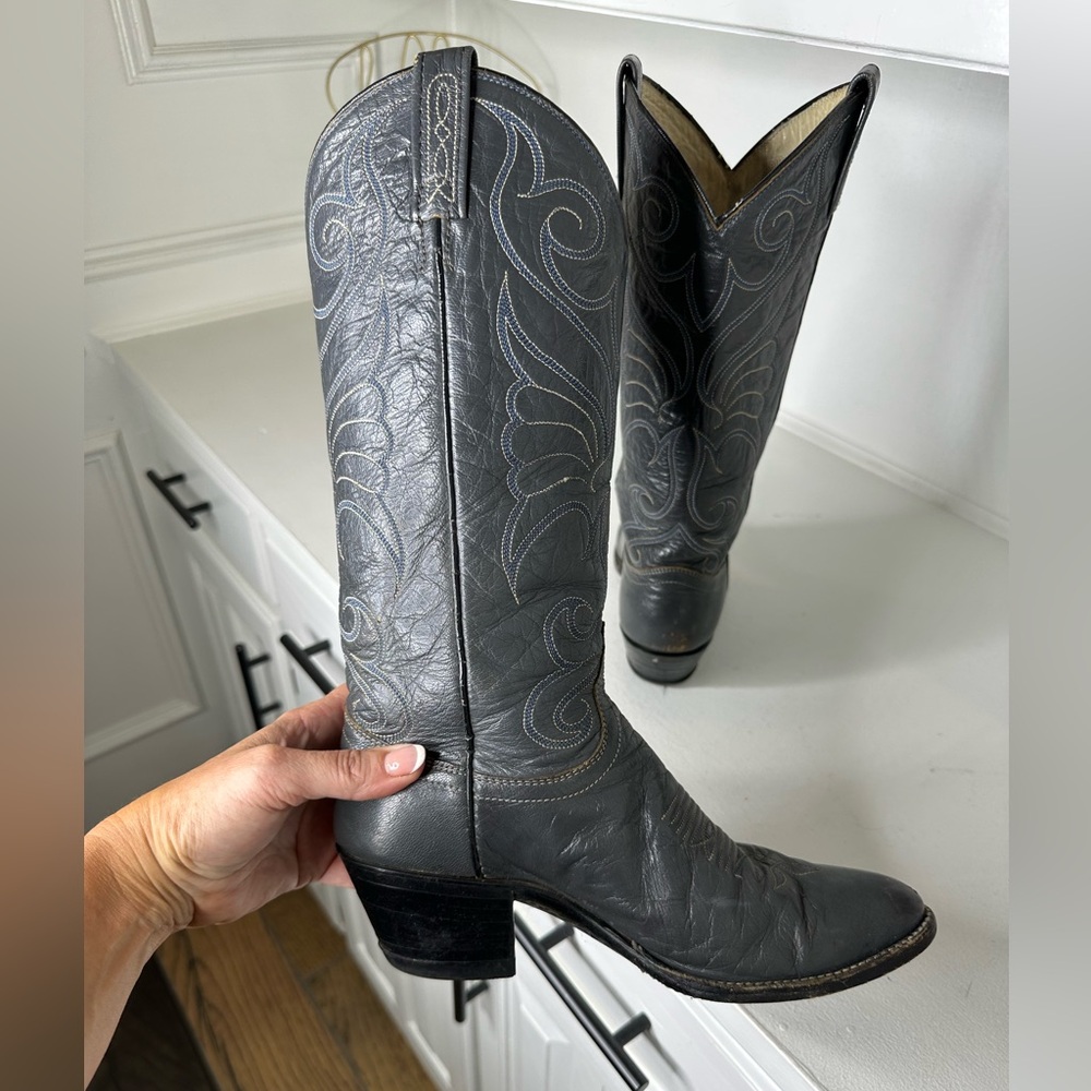 Vintage Dan Post Grey Leather Embroidered Cowboy Boots Women’s 7.5C - Picture 7 of 10